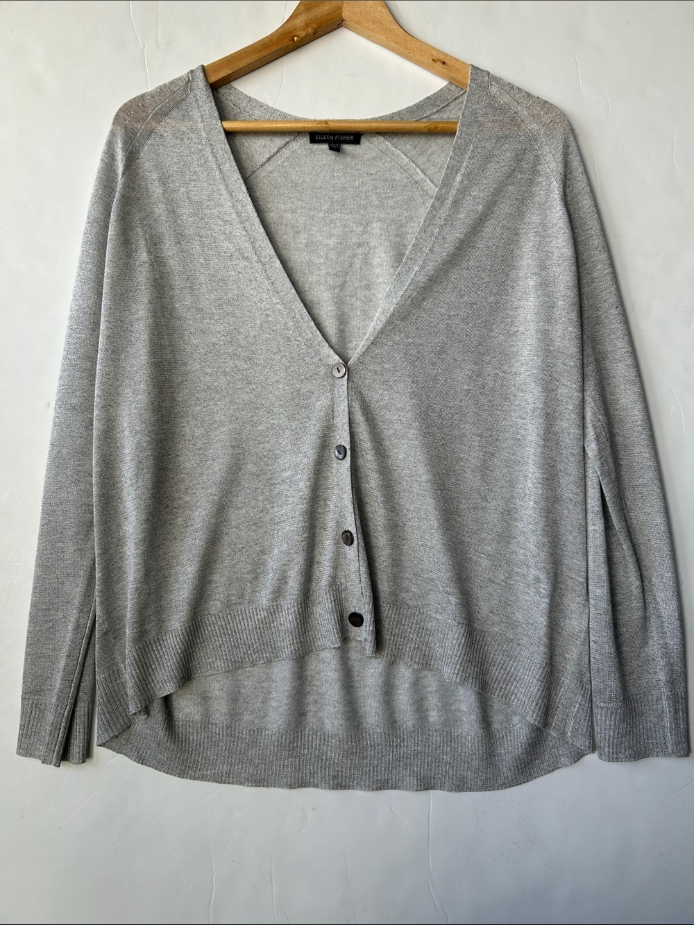 Eileen Fisher Light Gray V-Neck Button Front Cardigan